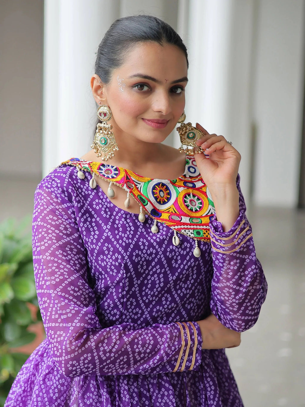 Purple Kora Cotton Bandhani Print Top with Gota Patti Lehenga for Navratri