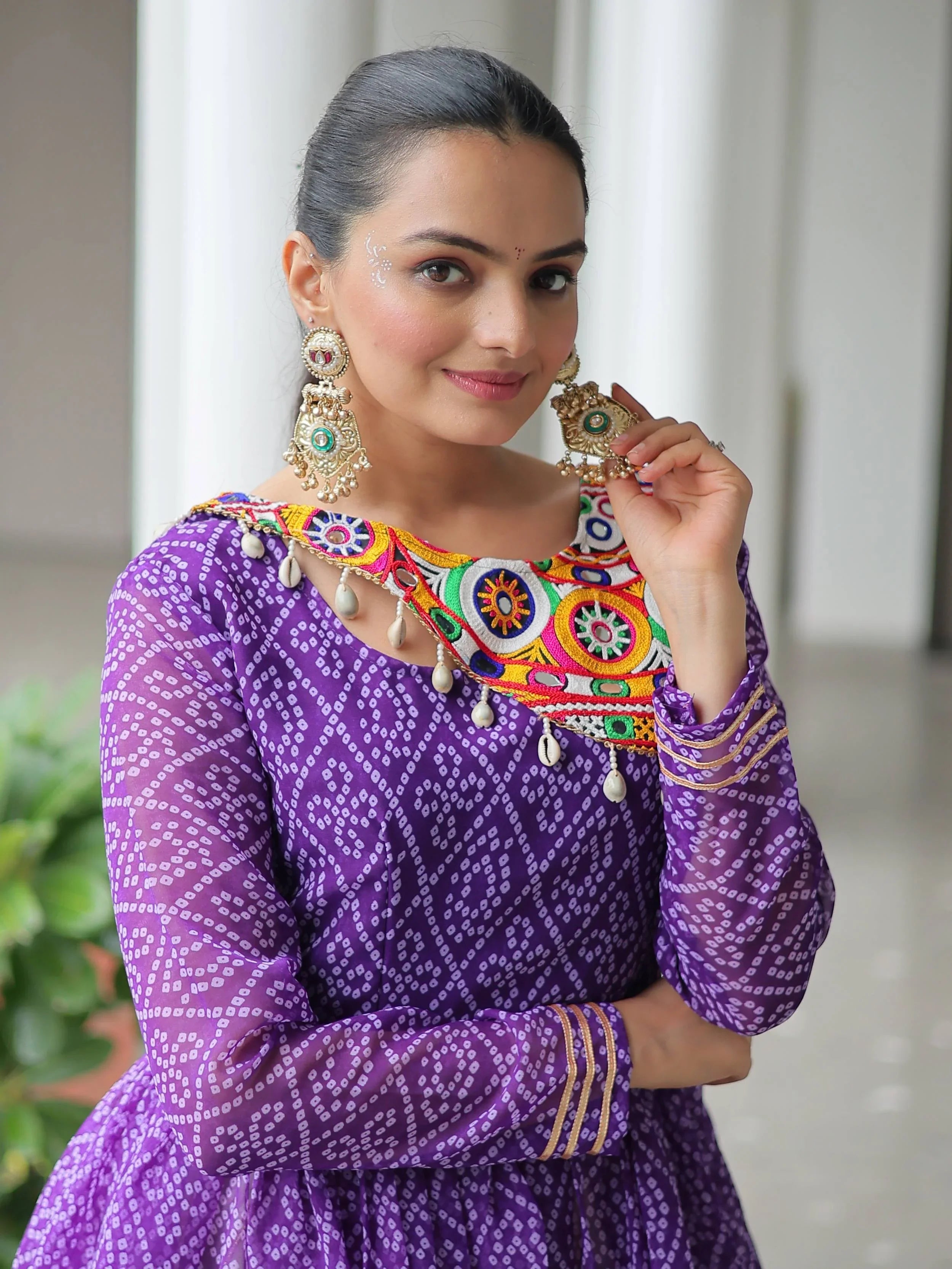 Purple Kora Cotton Bandhani Print Top with Gota Patti Lehenga for Navratri