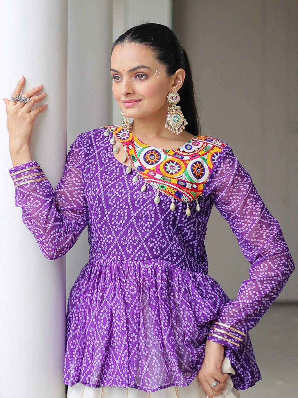 Purple Kora Cotton Bandhani Print Top with Gota Patti Lehenga for Navratri