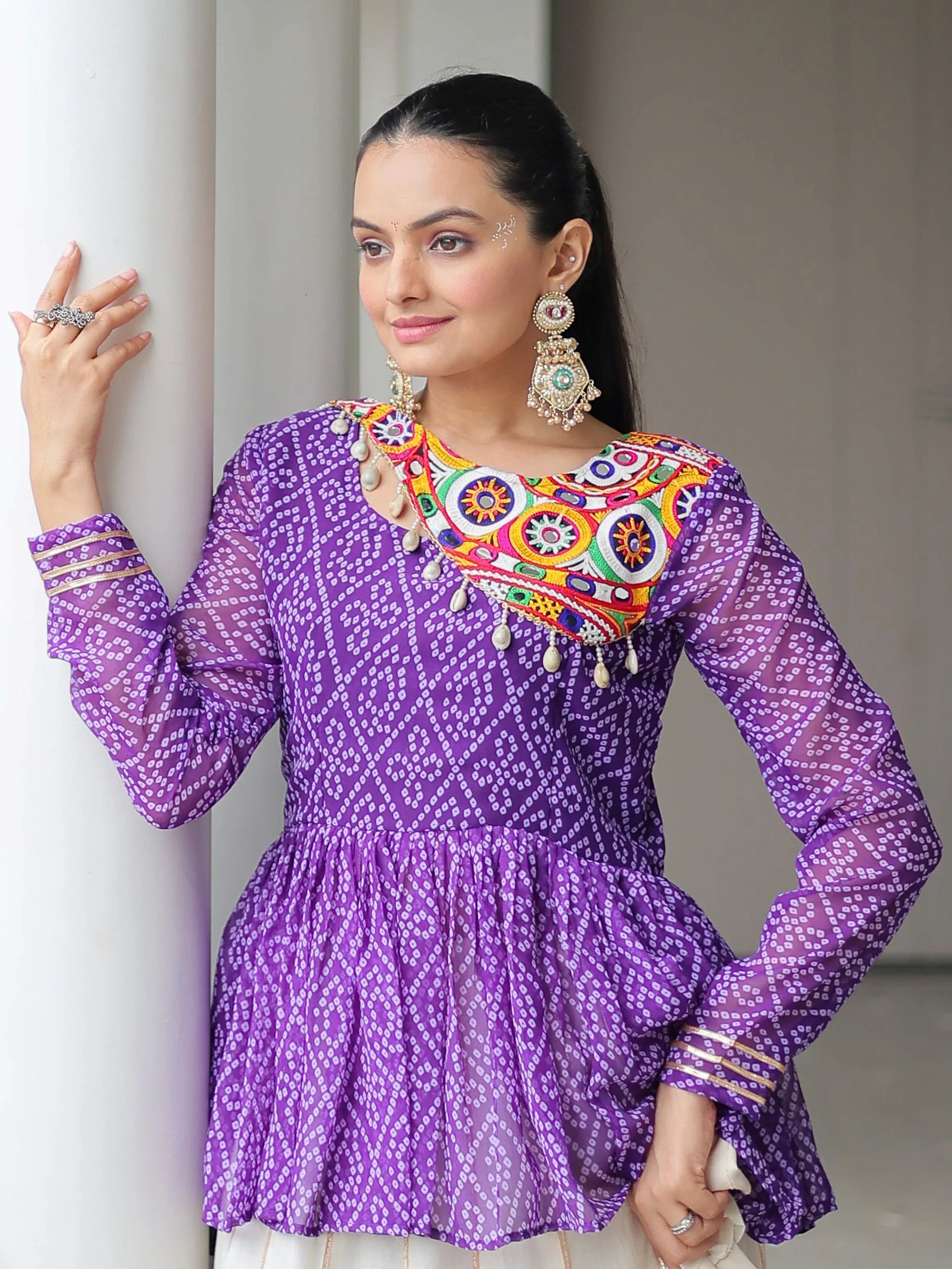 Purple Kora Cotton Bandhani Print Top with Gota Patti Lehenga for Navratri