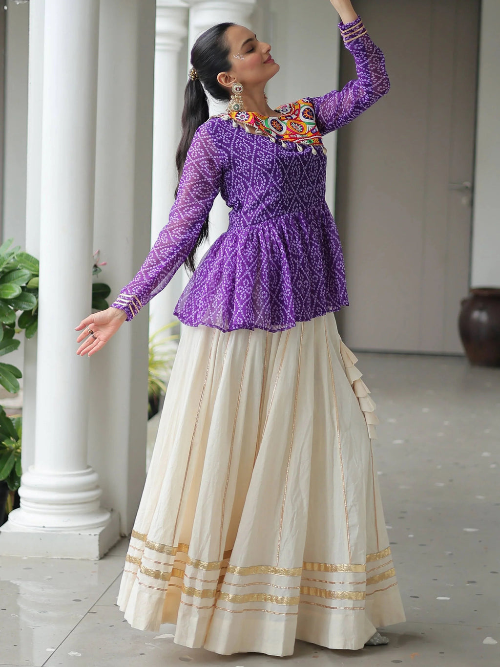 Purple Kora Cotton Bandhani Print Top with Gota Patti Lehenga for Navratri