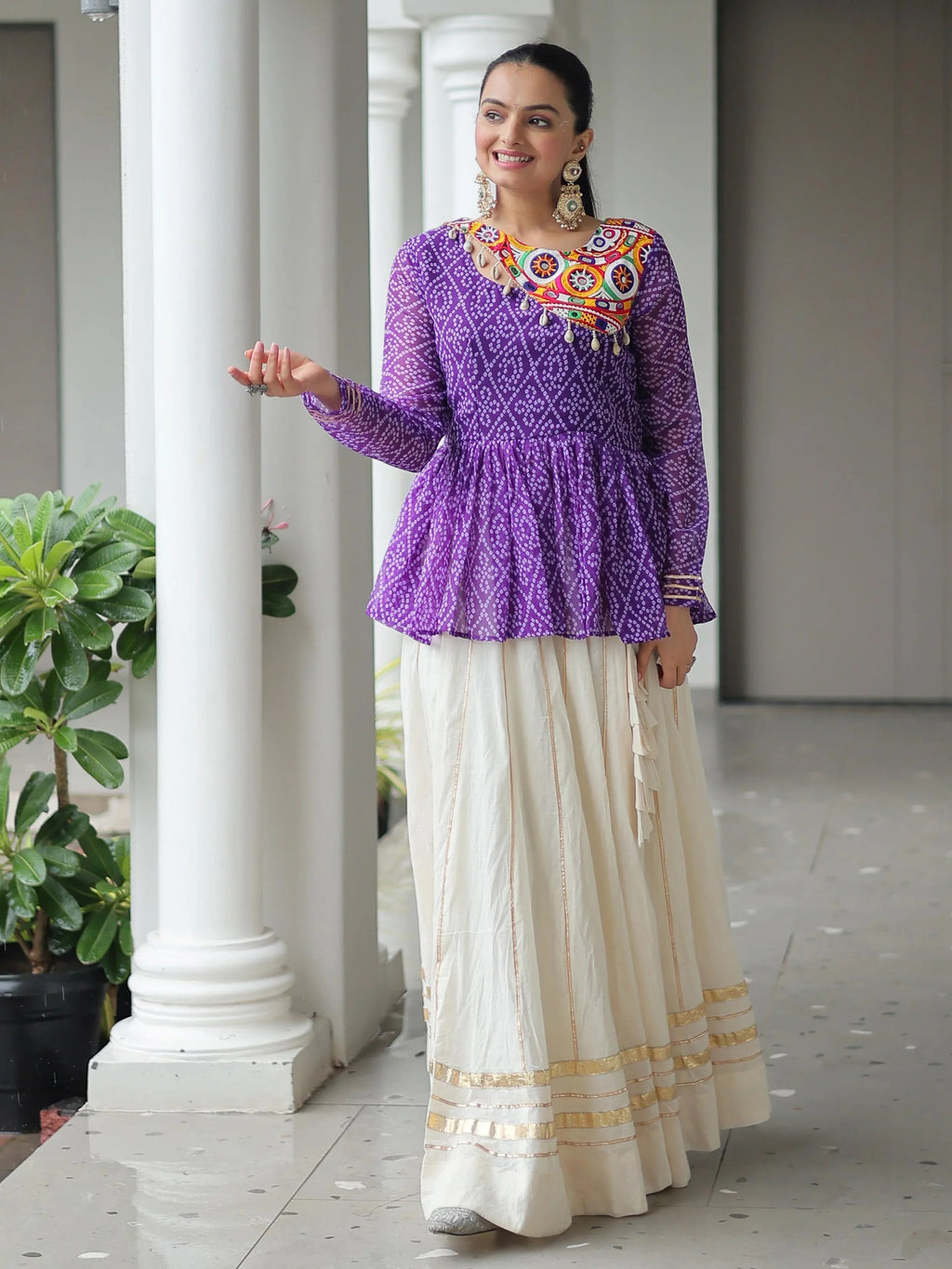 Purple Kora Cotton Bandhani Print Top with Gota Patti Lehenga for Navratri