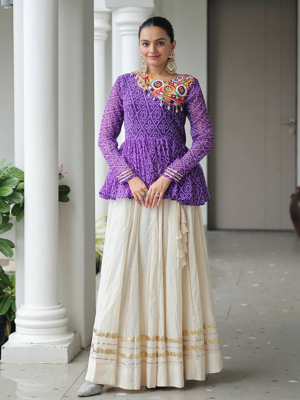 Purple Kora Cotton Bandhani Print Top with Gota Patti Lehenga for Navratri