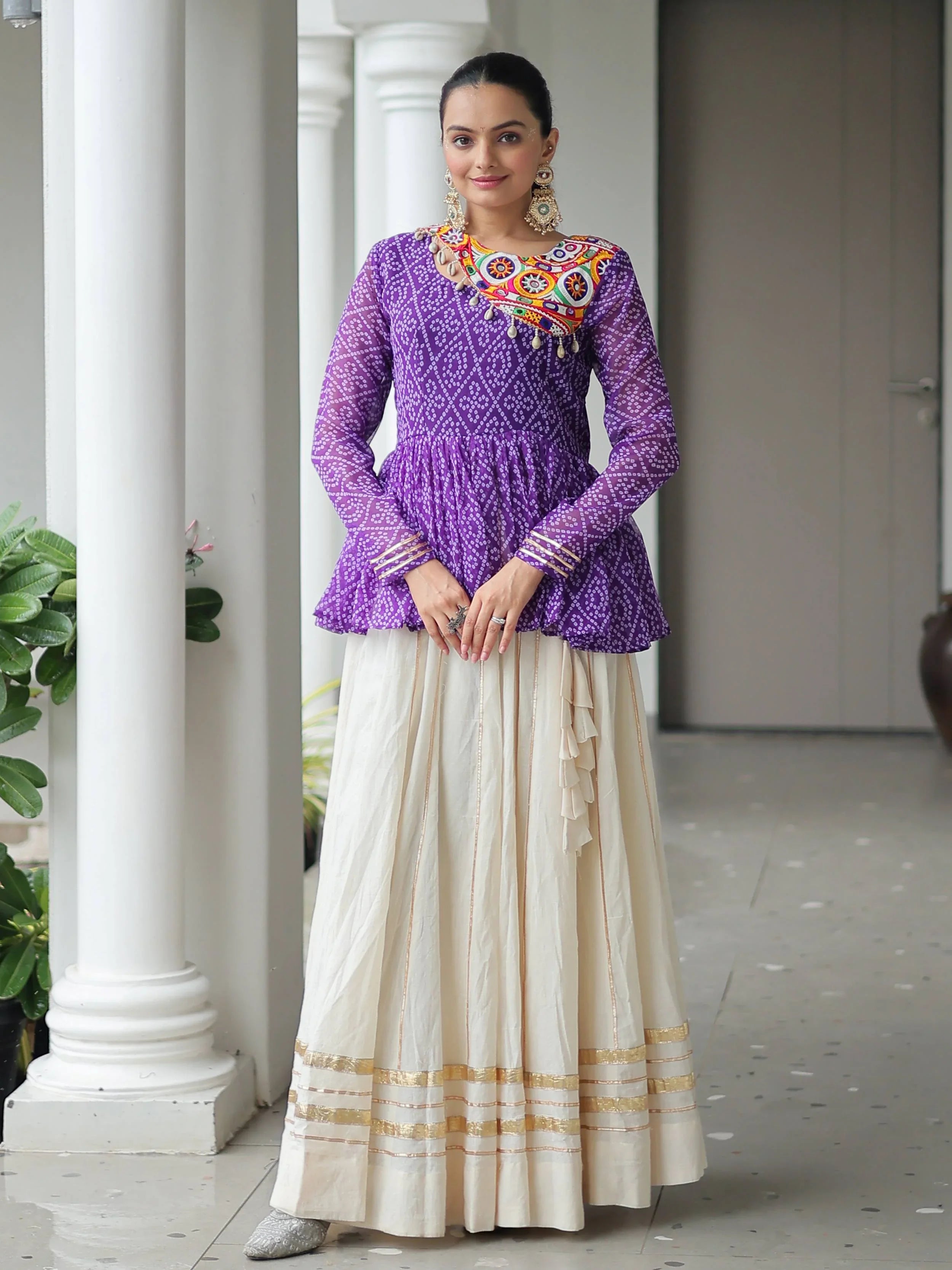 Purple Kora Cotton Bandhani Print Top with Gota Patti Lehenga for Navratri