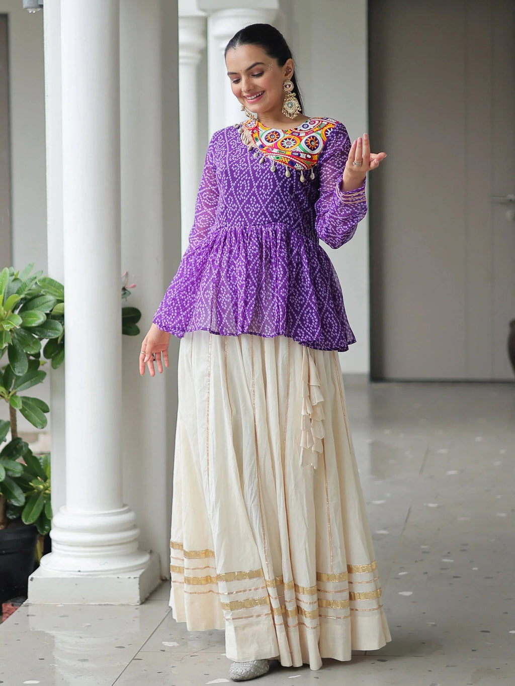 Purple Kora Cotton Bandhani Print Top with Gota Patti Lehenga for Navratri