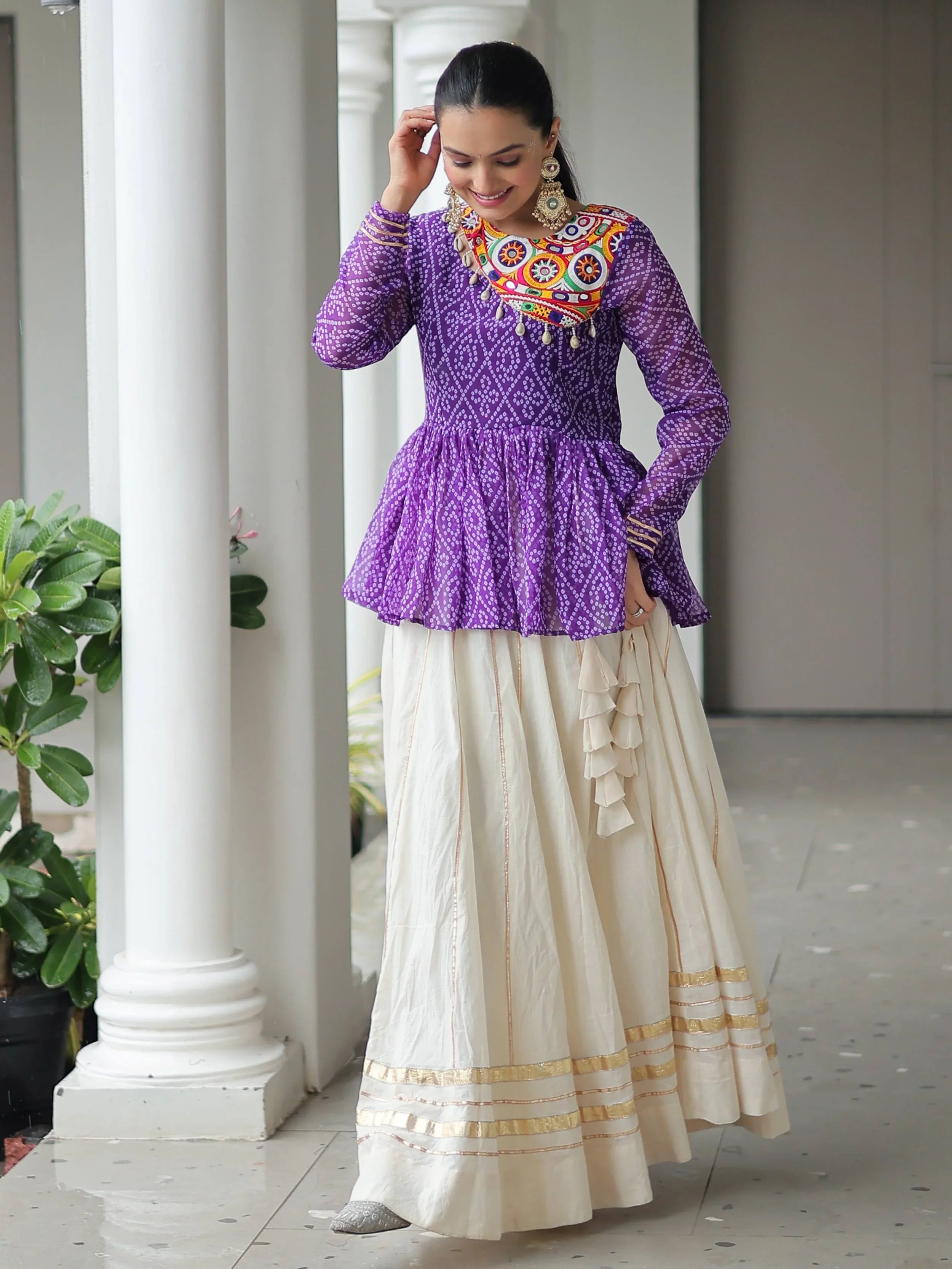 Purple Kora Cotton Bandhani Print Top with Gota Patti Lehenga for Navratri