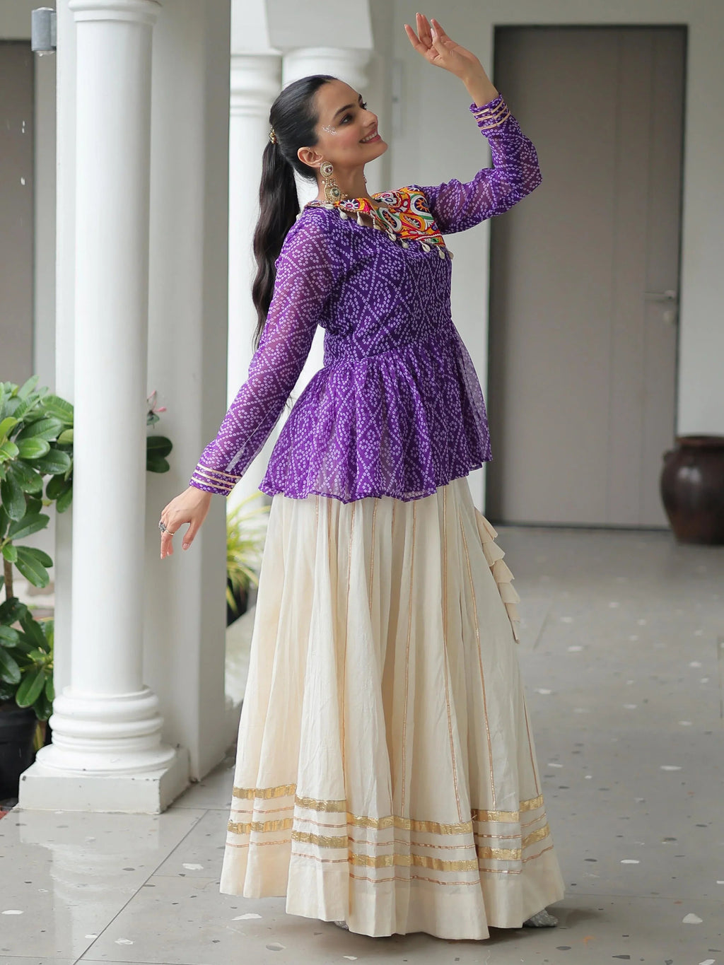 Purple Kora Cotton Bandhani Print Top with Gota Patti Lehenga for Navratri