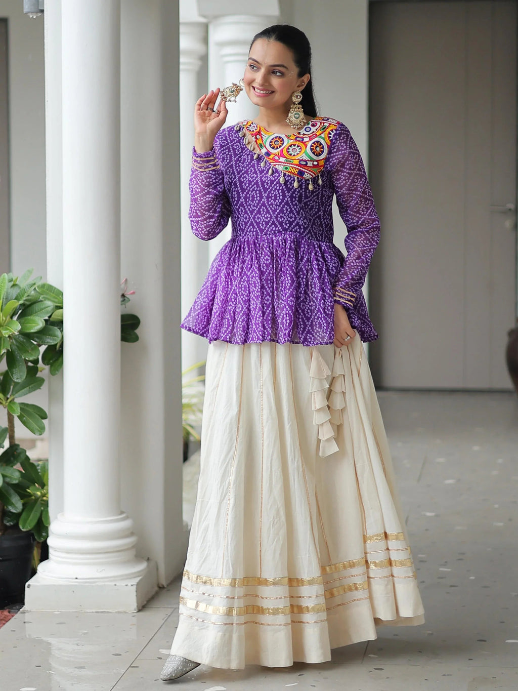 Purple Kora Cotton Bandhani Print Top with Gota Patti Lehenga for Navratri