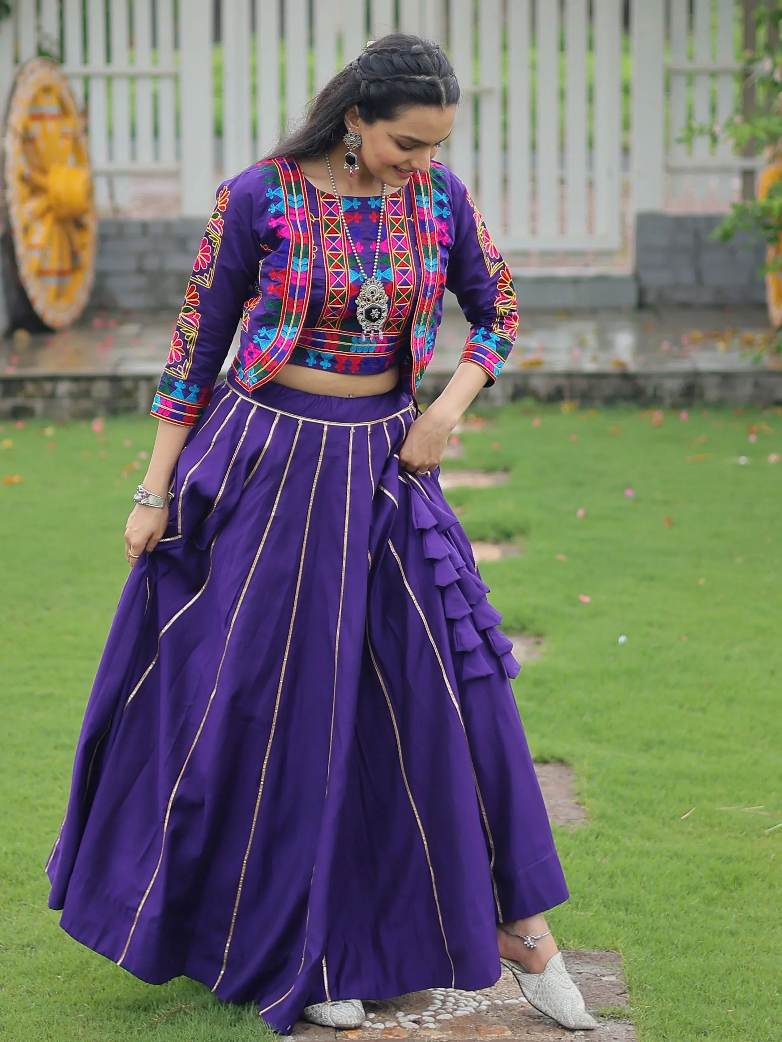 Purple Kutchi Gamthi Embroidered Gota Patti Lace Lehenga Choli With Koti