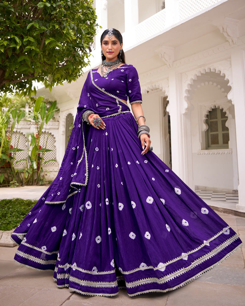 Purple Pure Chanderi Bandhej Print with Lace Work Lehenga Choli