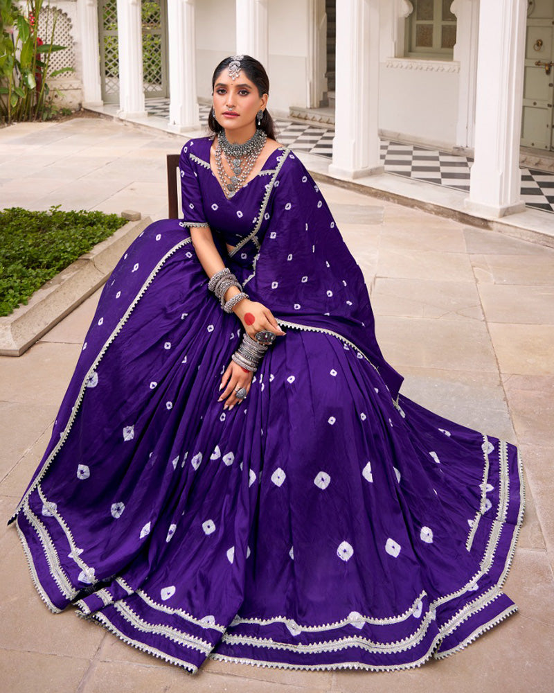 Purple Pure Chanderi Bandhej Print with Lace Work Lehenga Choli