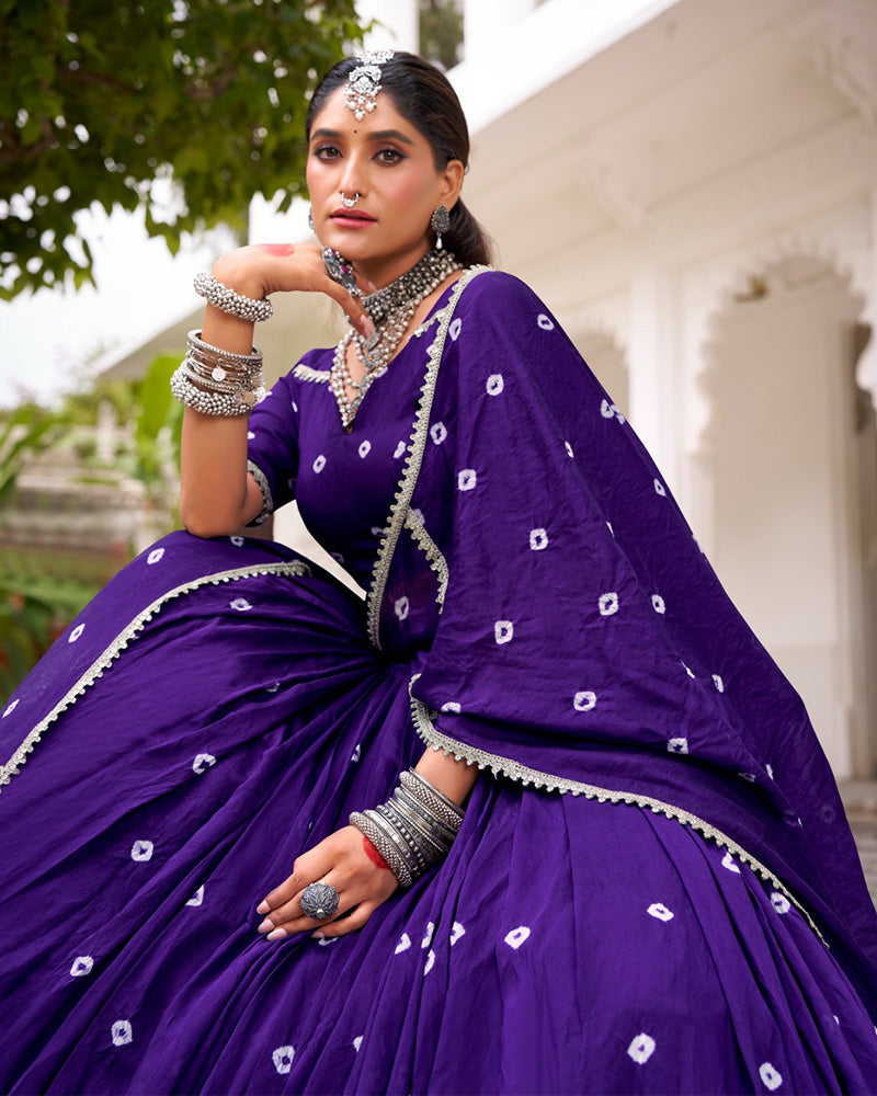 Purple Pure Chanderi Bandhej Print with Lace Work Lehenga Choli