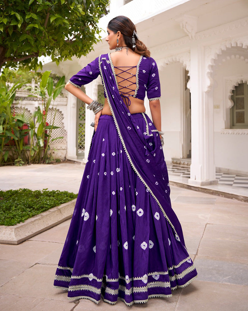 Purple Pure Chanderi Bandhej Print with Lace Work Lehenga Choli