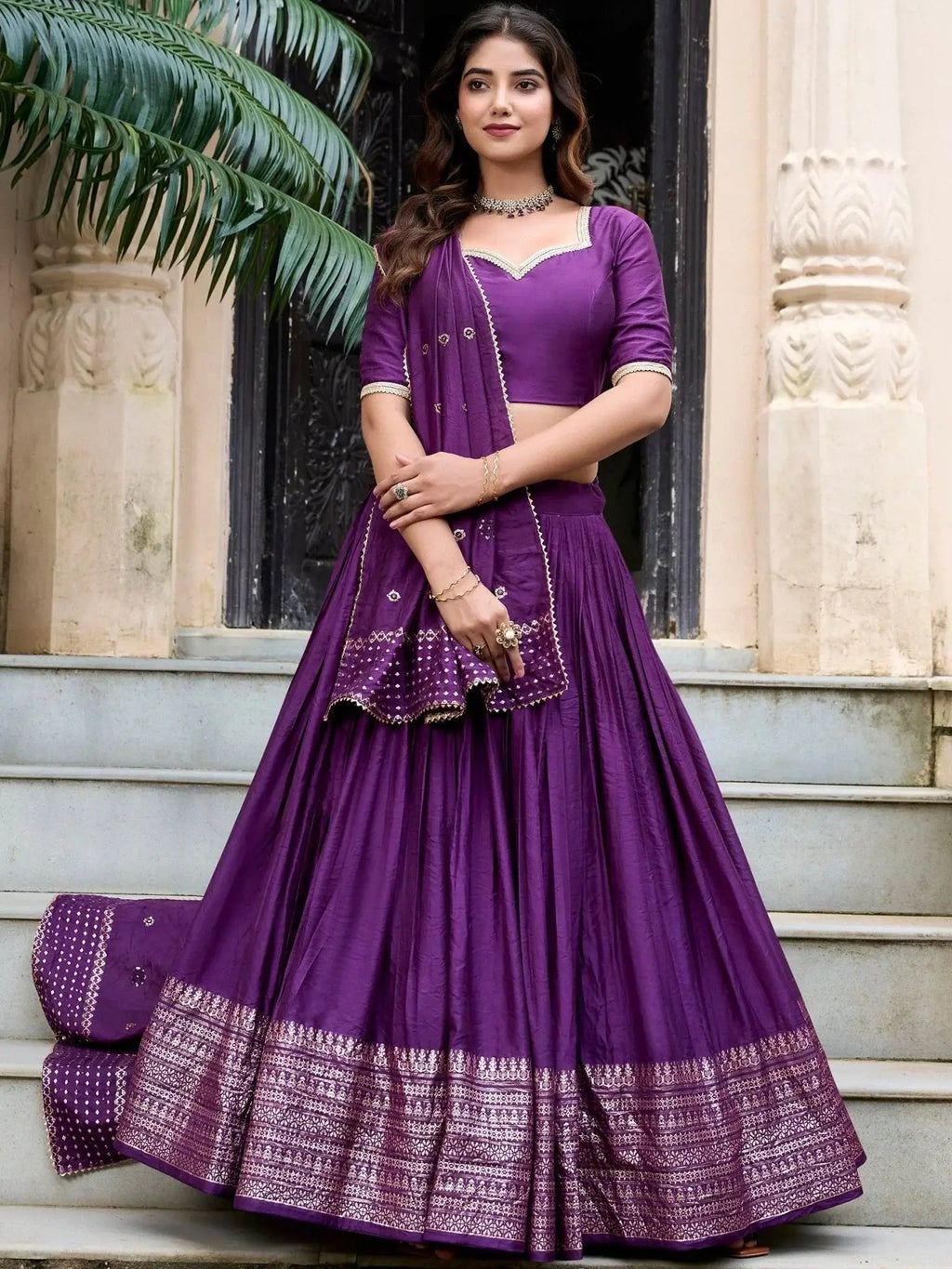 Purple Pure Chanderi Plain Zari Weaving Lehenga Choli