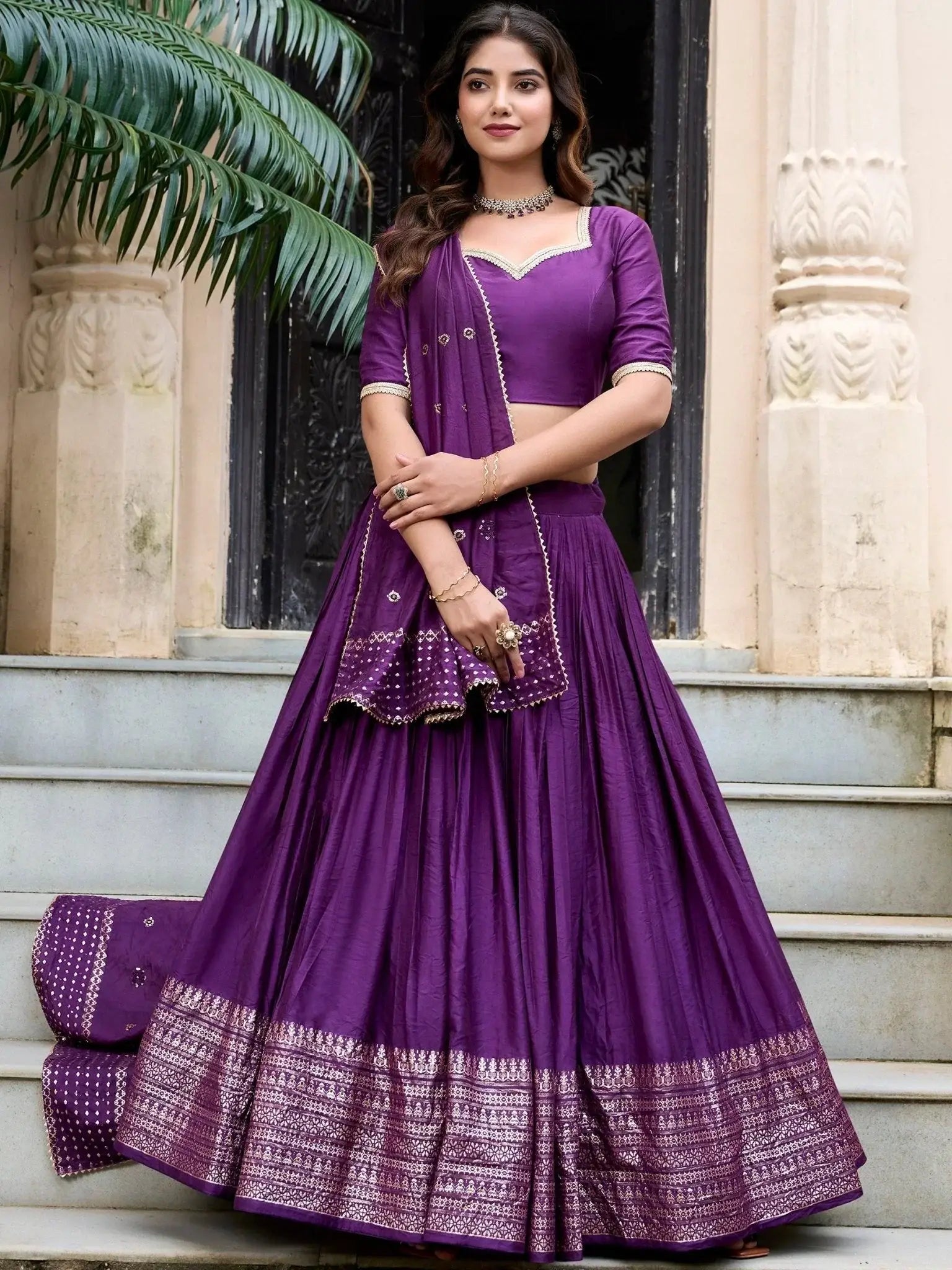 Purple Pure Chanderi Plain Zari Weaving Lehenga Choli
