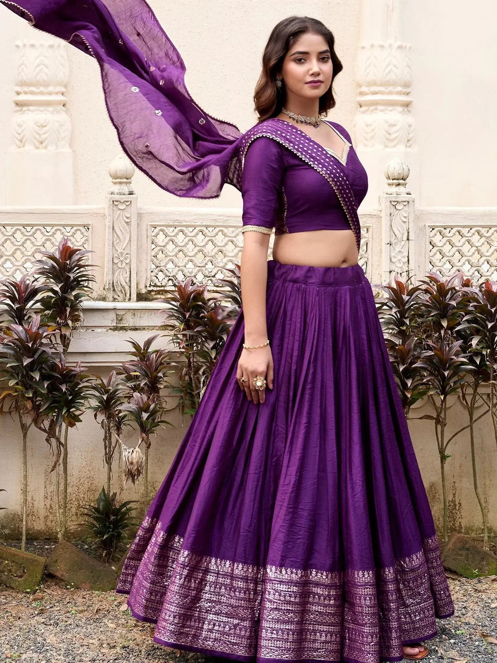 Purple Pure Chanderi Plain Zari Weaving Lehenga Choli