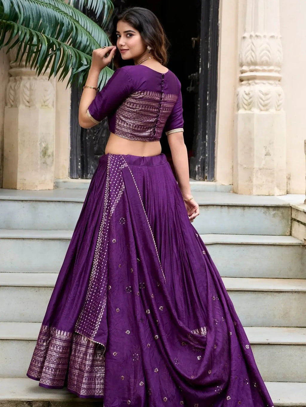 Purple Pure Chanderi Plain Zari Weaving Lehenga Choli