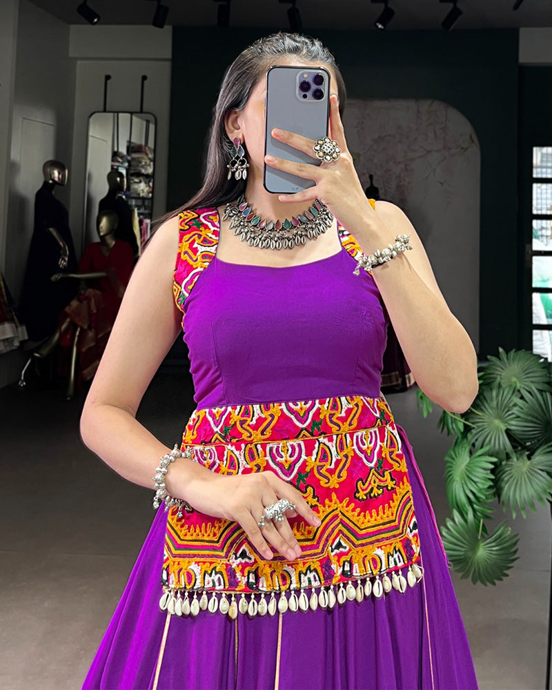 Purple Pure Rayon Gamthi Work Embossed Design Navratri Lehenga Choli