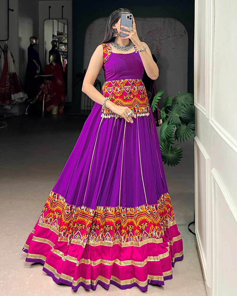 Purple Pure Rayon Gamthi Work Embossed Design Navratri Lehenga Choli