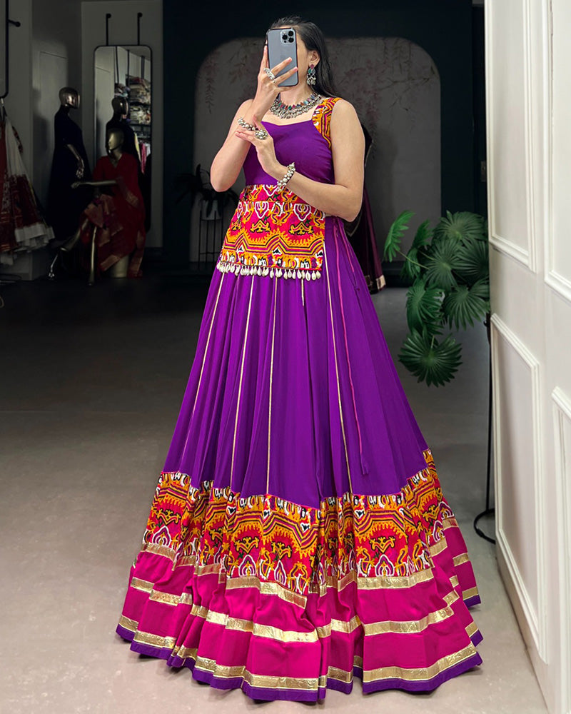 Purple Pure Rayon Gamthi Work Embossed Design Navratri Lehenga Choli