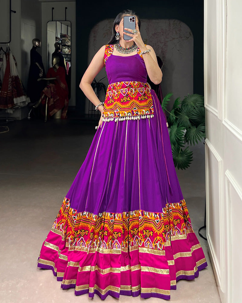 Purple Pure Rayon Gamthi Work Embossed Design Navratri Lehenga Choli