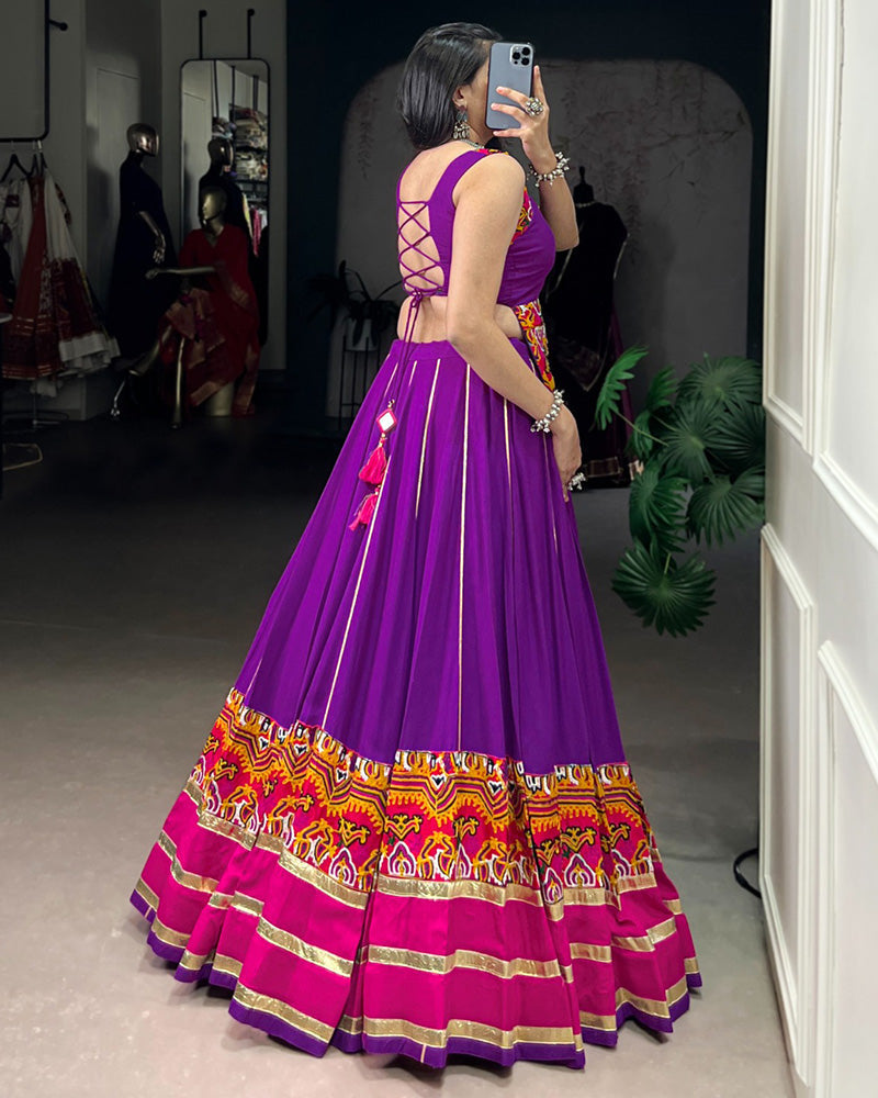Purple Pure Rayon Gamthi Work Embossed Design Navratri Lehenga Choli