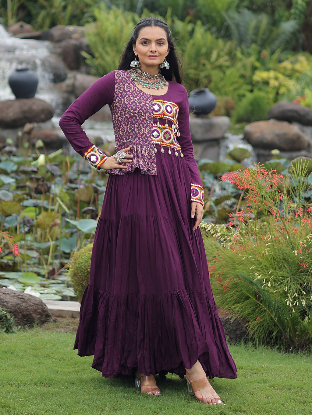 Purple Pure Rayon Kutchi Gamthi Embroidered Navratri Gown