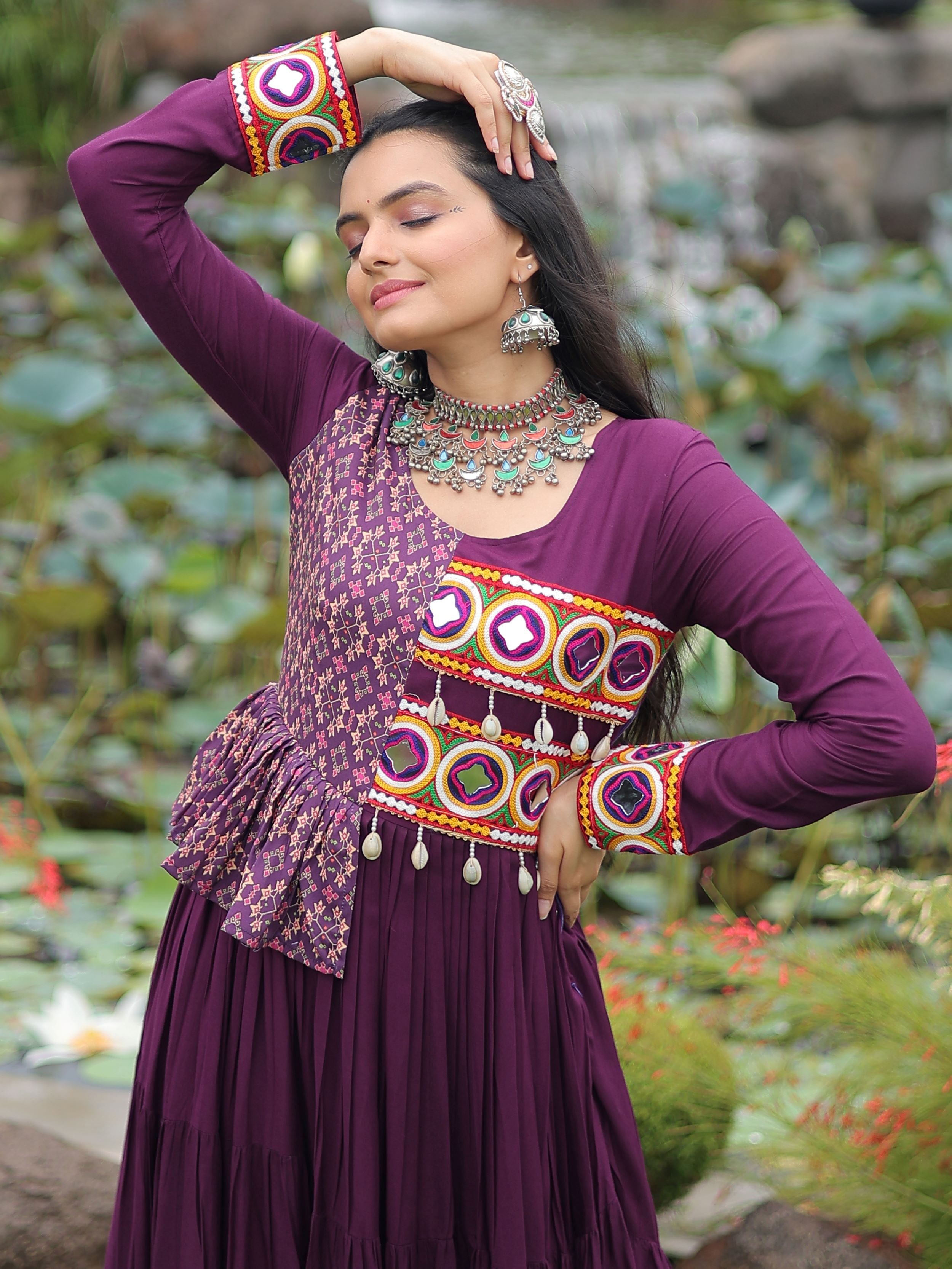 Purple Pure Rayon Kutchi Gamthi Embroidered Navratri Gown