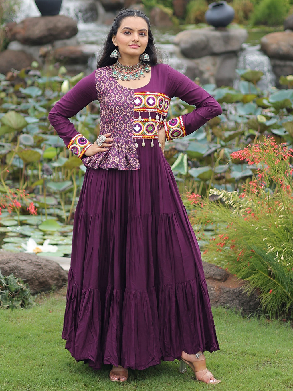 Purple Pure Rayon Kutchi Gamthi Embroidered Navratri Gown