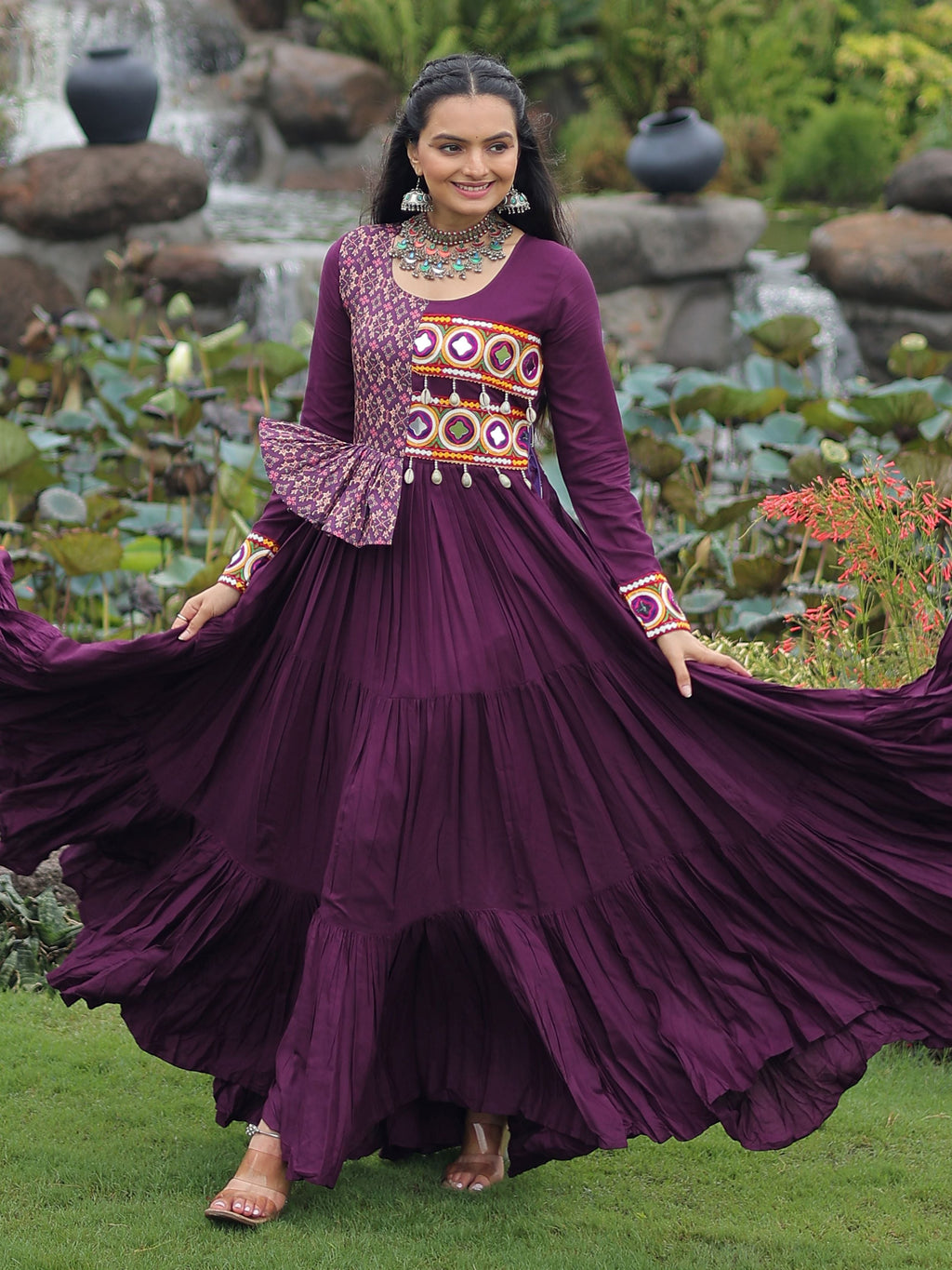 Purple Pure Rayon Kutchi Gamthi Embroidered Navratri Gown