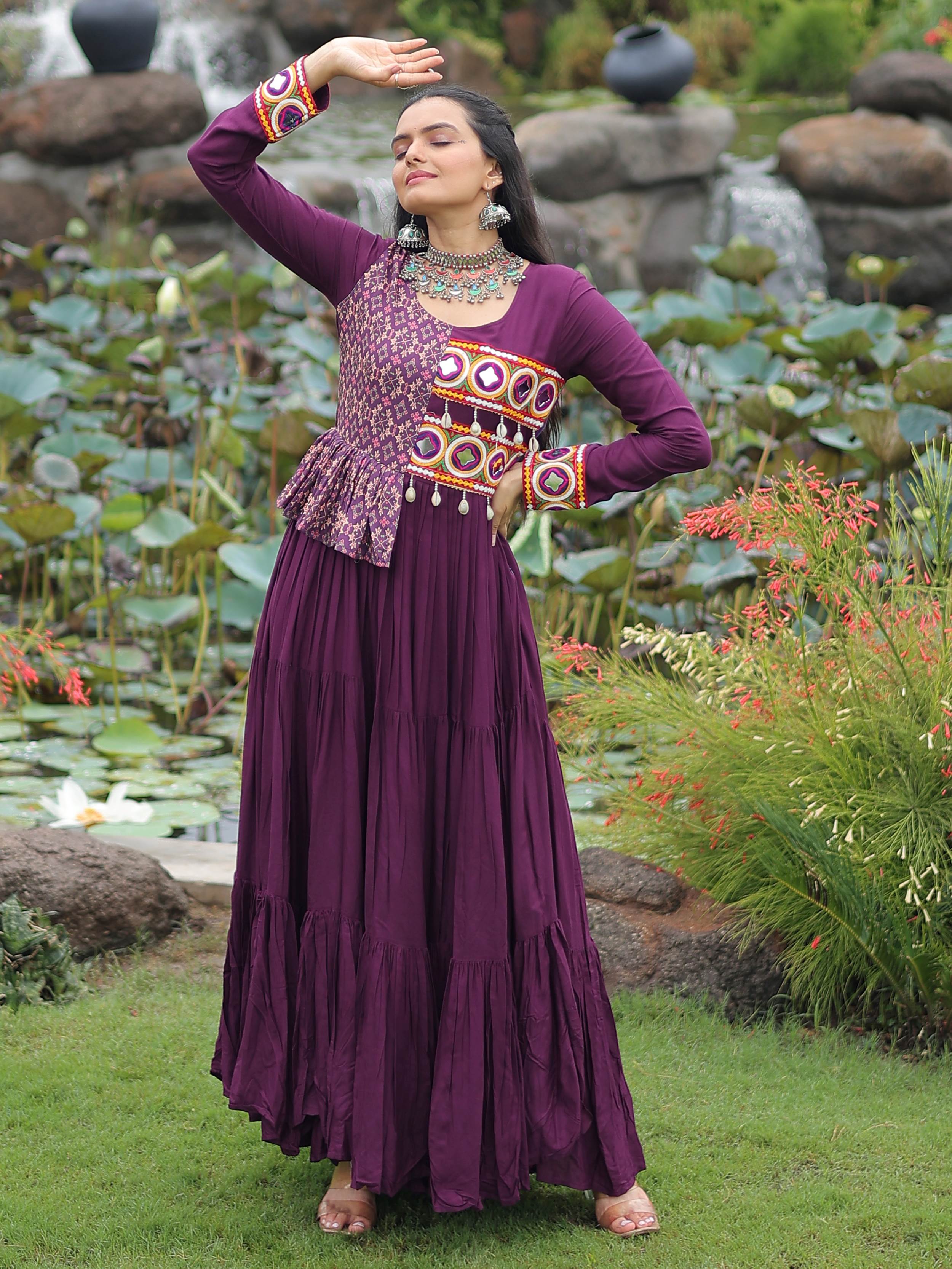 Purple Pure Rayon Kutchi Gamthi Embroidered Navratri Gown