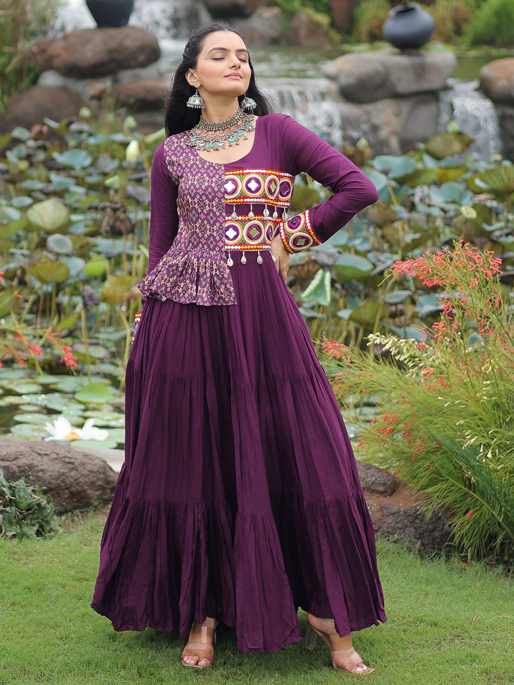 Purple Pure Rayon Kutchi Gamthi Embroidered Navratri Gown