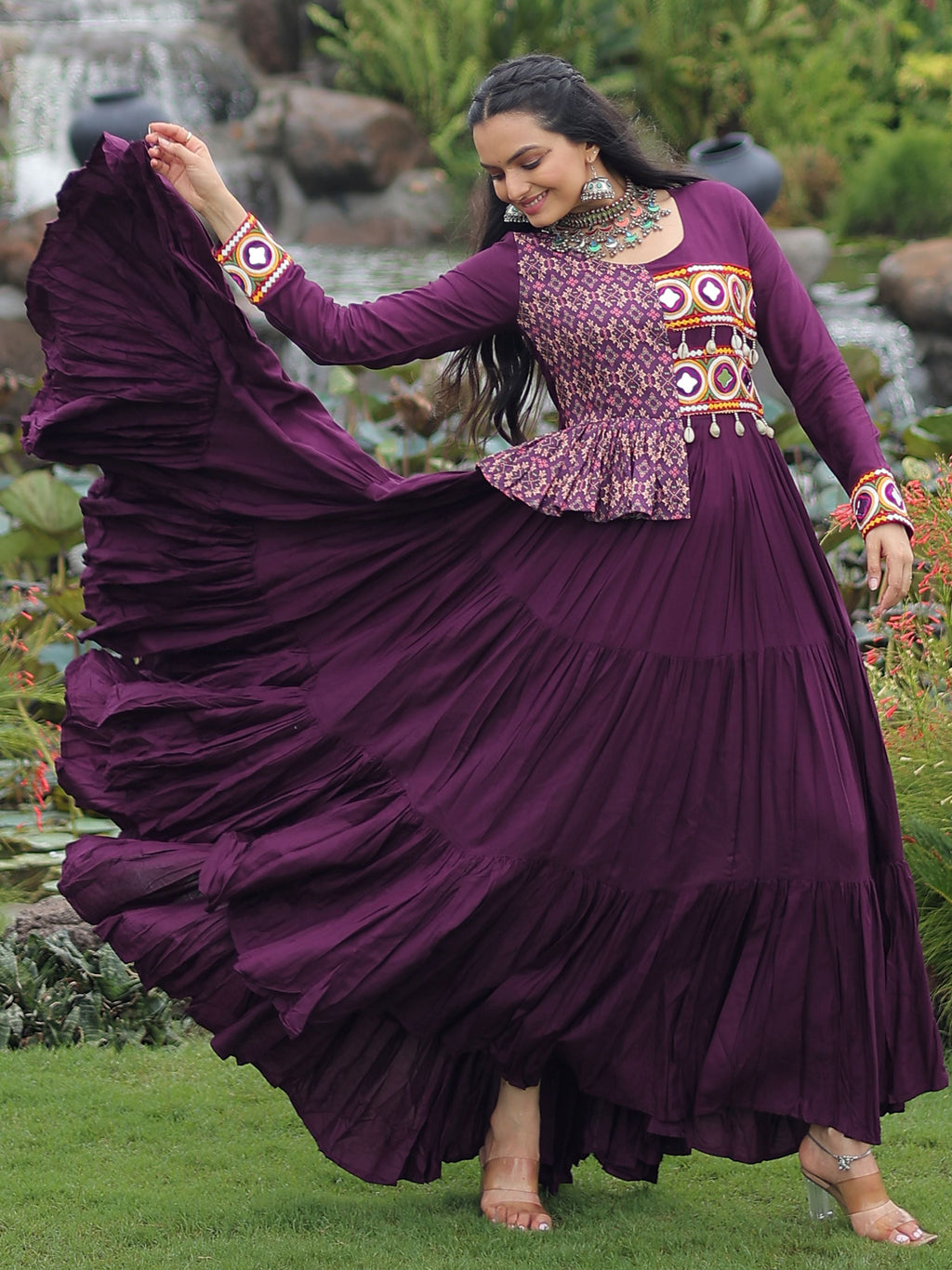 Purple Pure Rayon Kutchi Gamthi Embroidered Navratri Gown