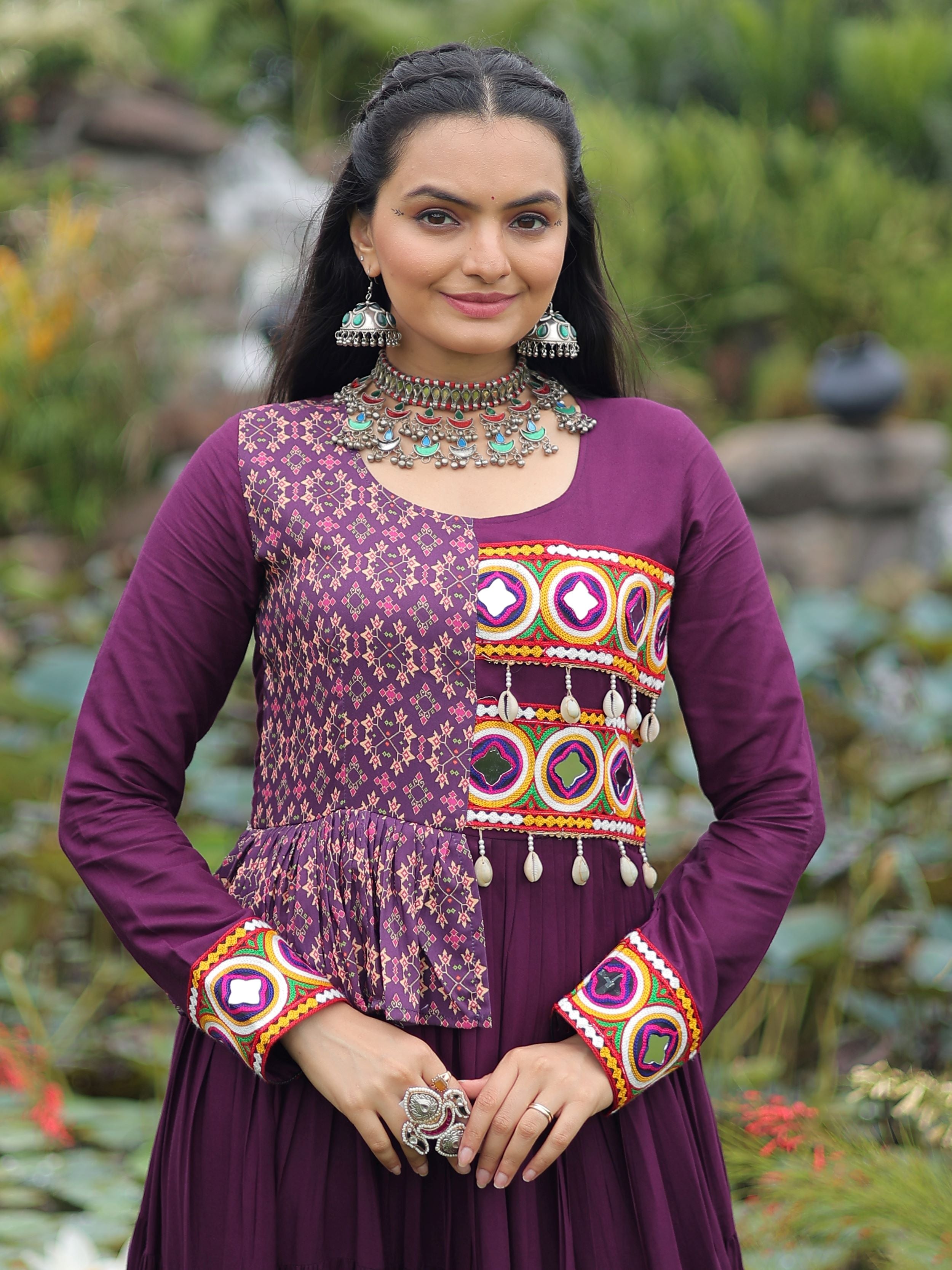 Purple Pure Rayon Kutchi Gamthi Embroidered Navratri Gown