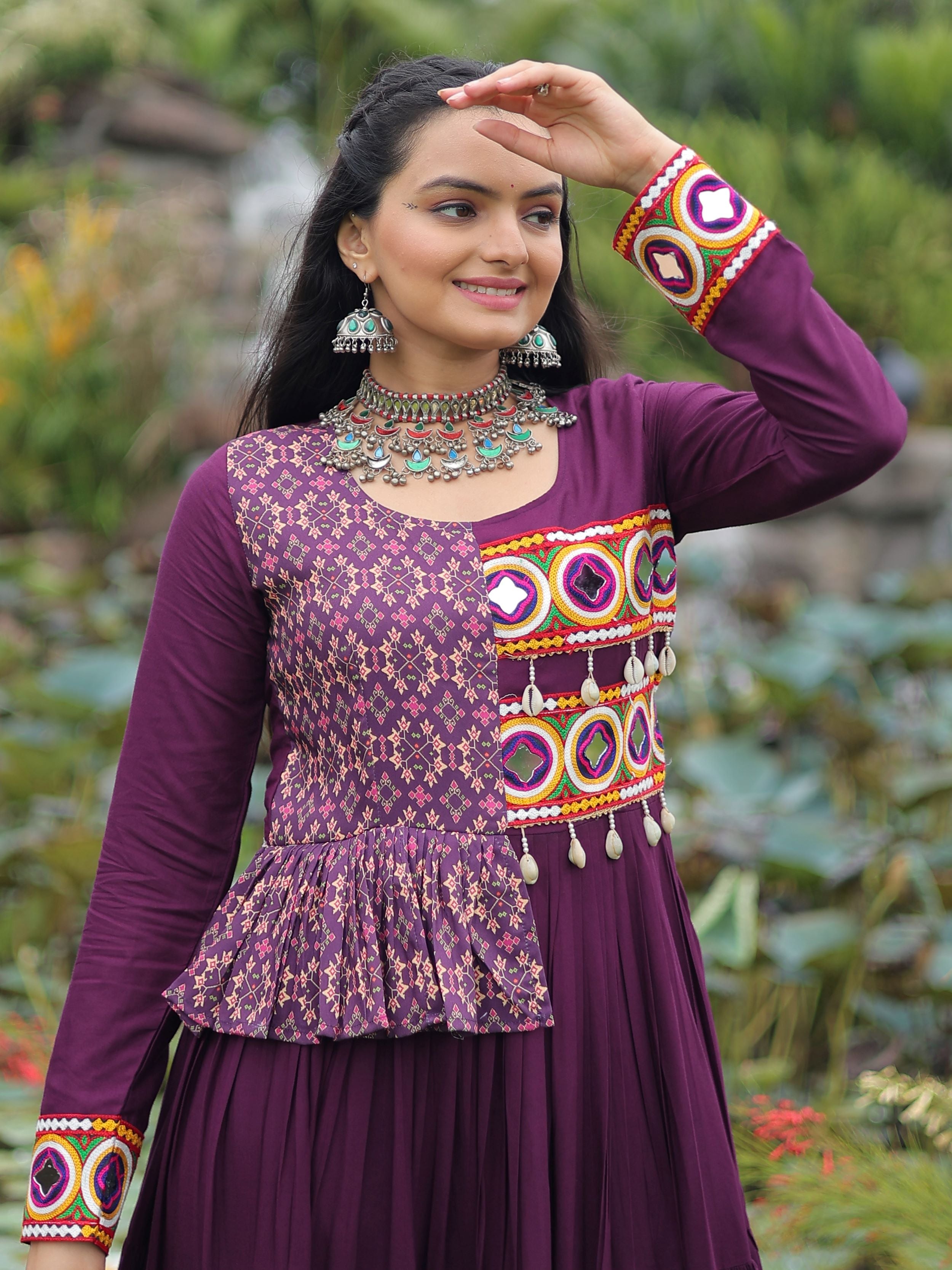Purple Pure Rayon Kutchi Gamthi Embroidered Navratri Gown