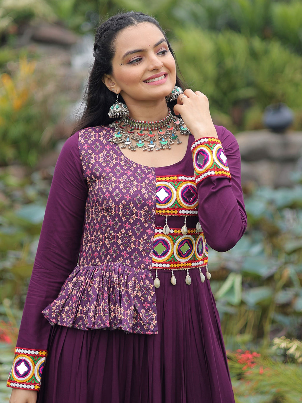 Purple Pure Rayon Kutchi Gamthi Embroidered Navratri Gown