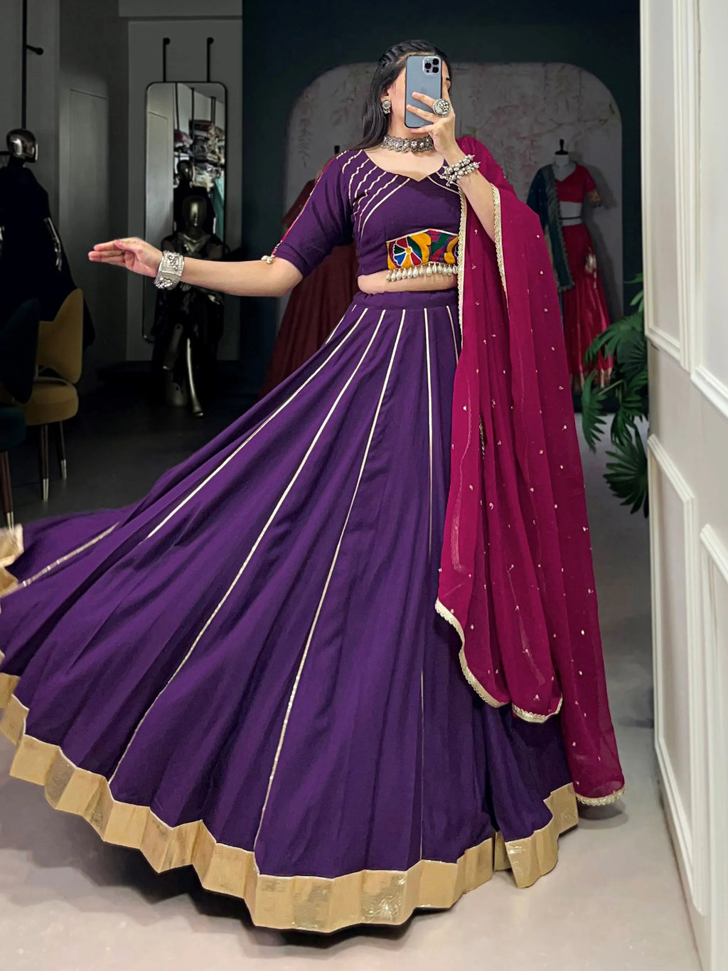 Purple Rayon Mirror Gamthi Work Lehenga Choli with Dupatta