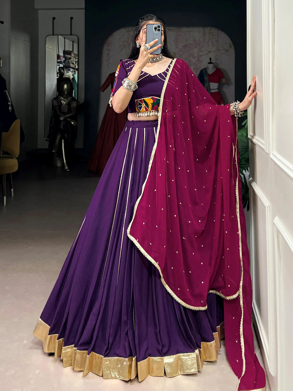 Purple Rayon Mirror Gamthi Work Lehenga Choli with Dupatta