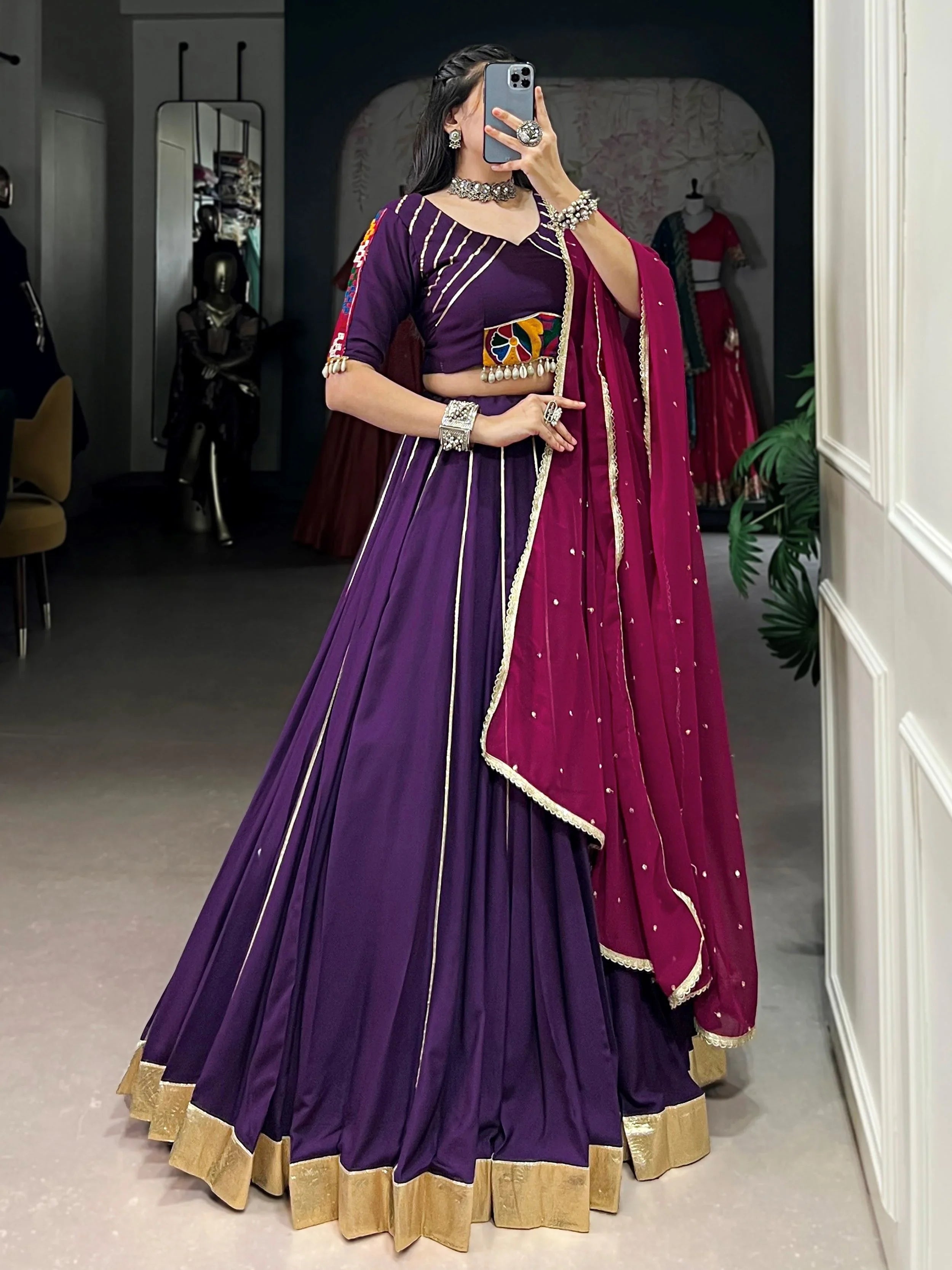 Purple Rayon Mirror Gamthi Work Lehenga Choli with Dupatta