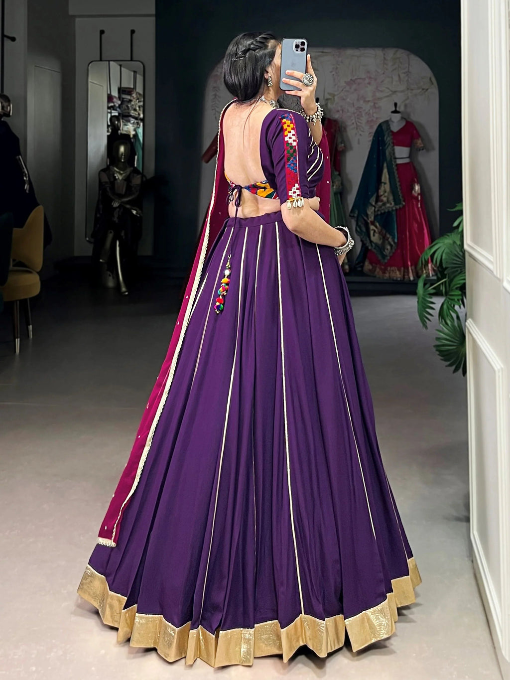 Purple Rayon Mirror Gamthi Work Lehenga Choli with Dupatta