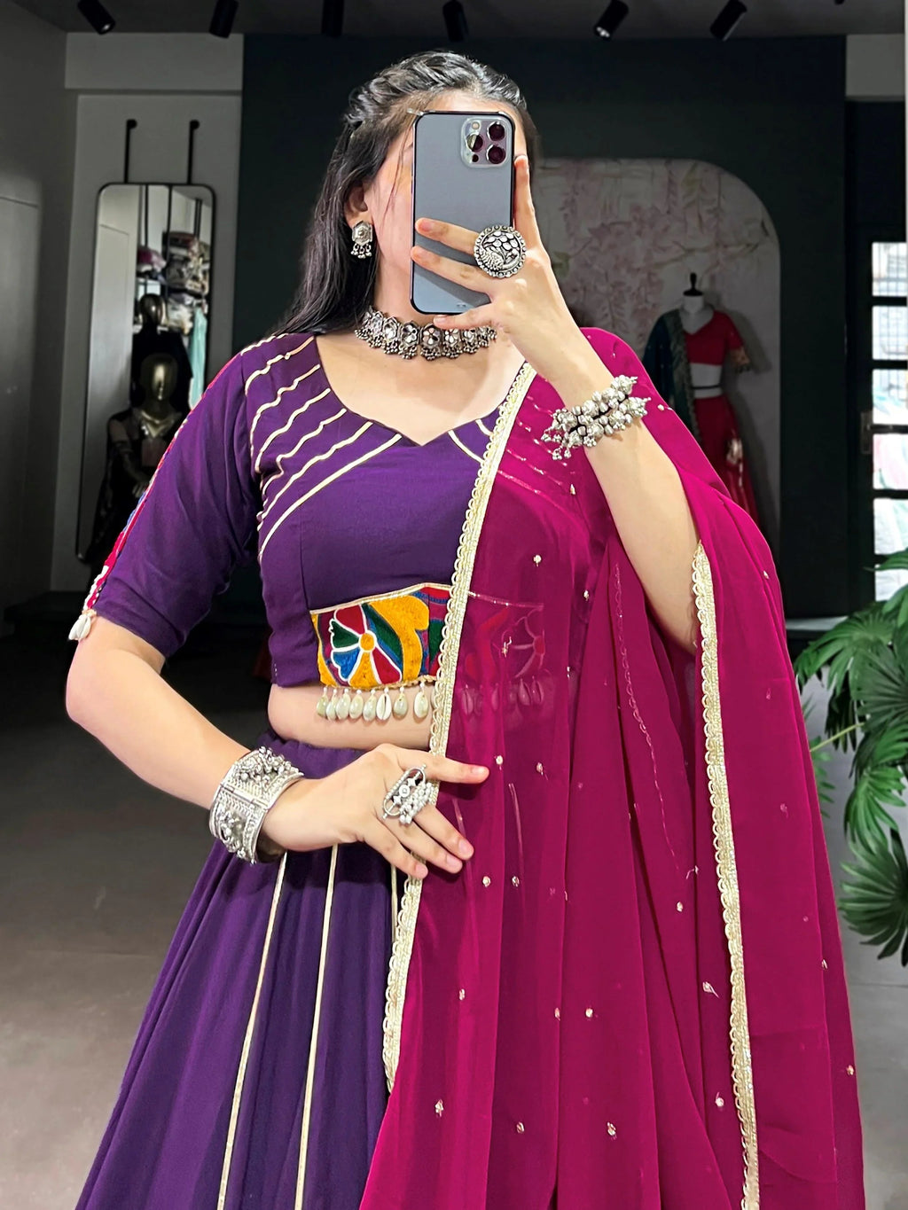 Purple Rayon Mirror Gamthi Work Lehenga Choli with Dupatta