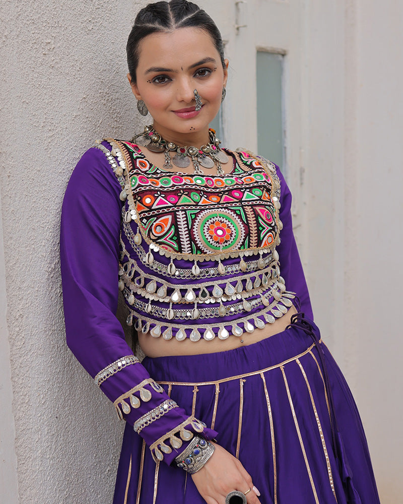 Purple Roman silk Gota Patti lace and Kutchi Gamthi embroidered lehenga choli