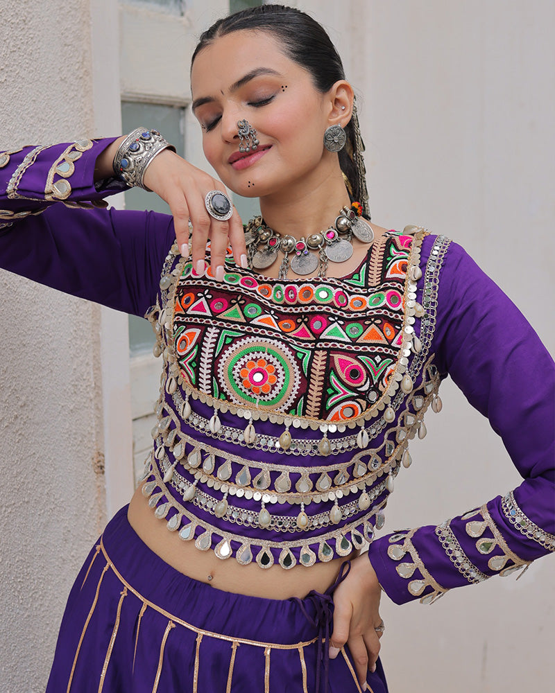 Purple Roman silk Gota Patti lace and Kutchi Gamthi embroidered lehenga choli