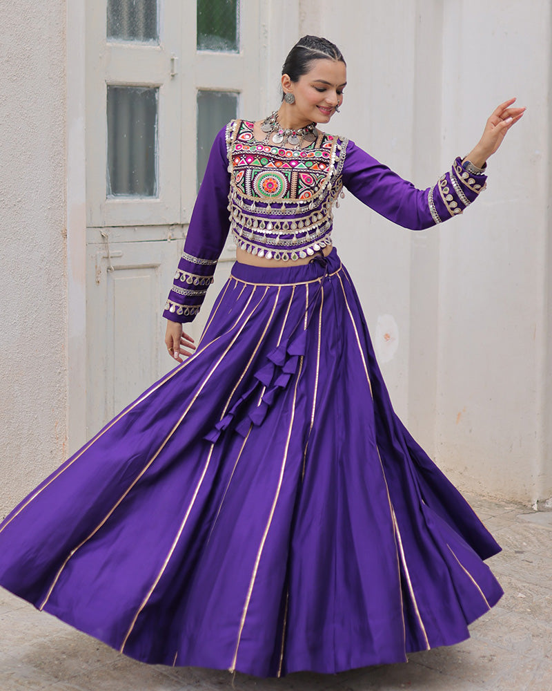 Purple Roman Silk Gota Patti Lace and Kutchi Gamthi Embroidered Lehenga Choli