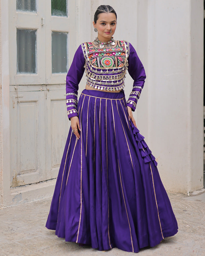 Purple Roman silk Gota Patti lace and Kutchi Gamthi embroidered lehenga choli