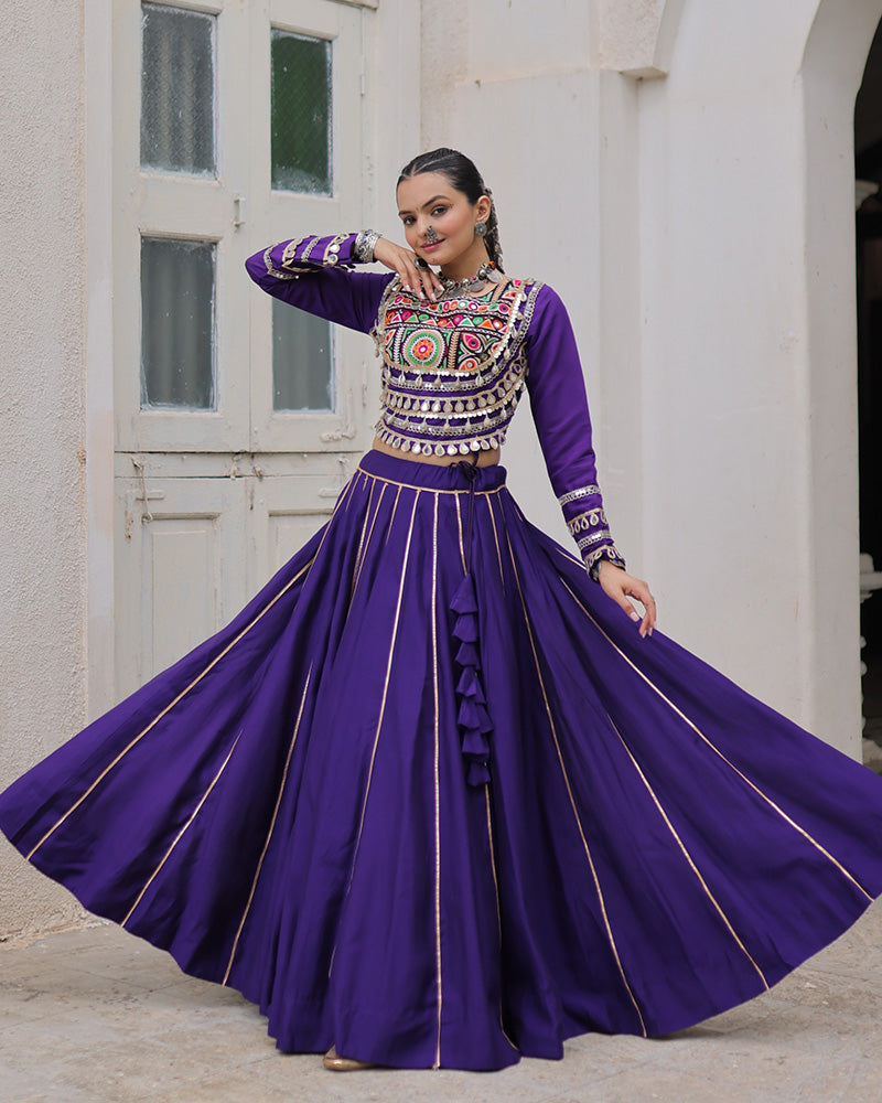 Purple Roman silk Gota Patti lace and Kutchi Gamthi embroidered lehenga choli
