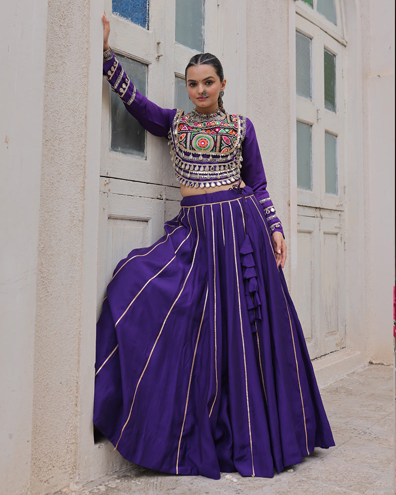 Purple Roman silk Gota Patti lace and Kutchi Gamthi embroidered lehenga choli