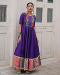 Purple Roman Silk Thread Mirror Work and Maslin Crochet Print Gown