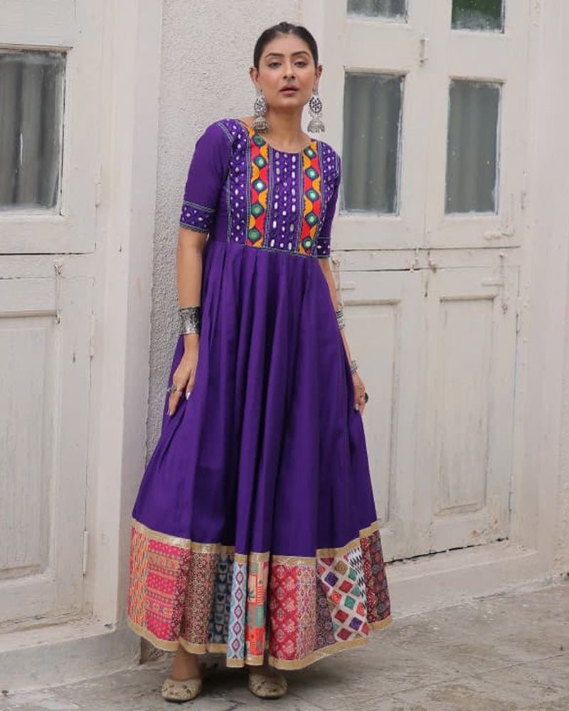 Purple Roman Silk Thread Mirror Work and Maslin Crochet Print Gown