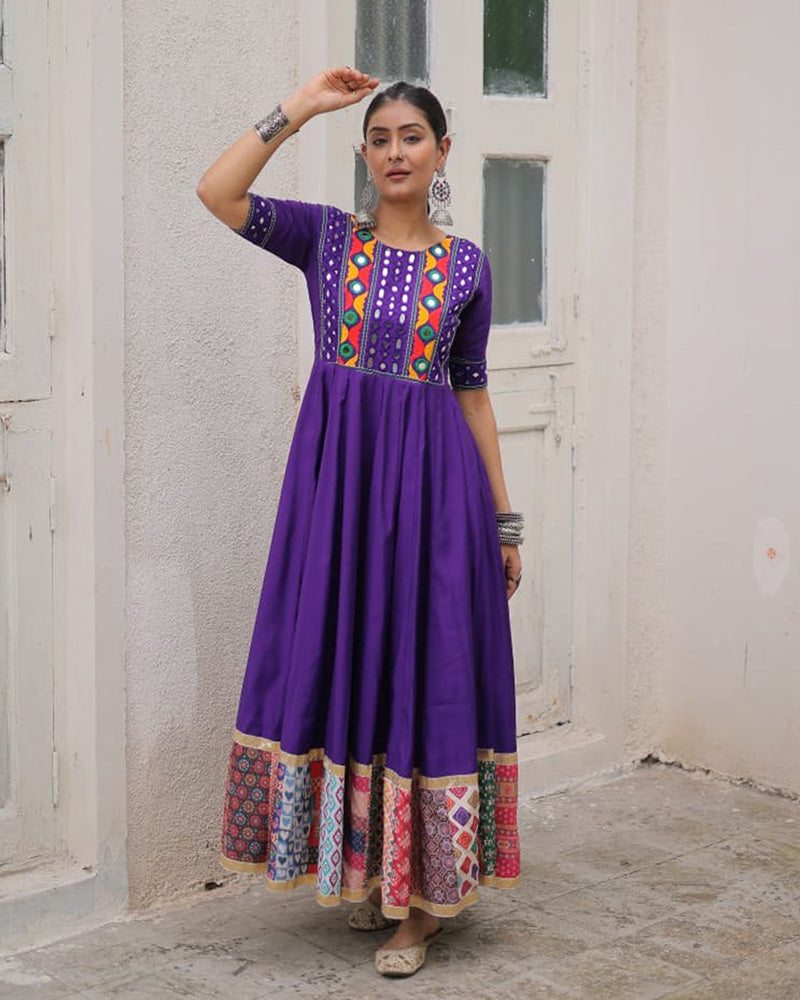 Purple Roman Silk Thread Mirror Work and Maslin Crochet Print Gown